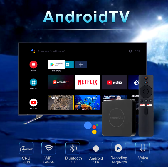 1-Tv Box, Android TV, Dispositivo de TV inteligente ATV, LEMFO H313 Smart TV Box Android 11 Allwinner Quad Core Cortex A53 Soporte 4K Video Wifi Google Voice