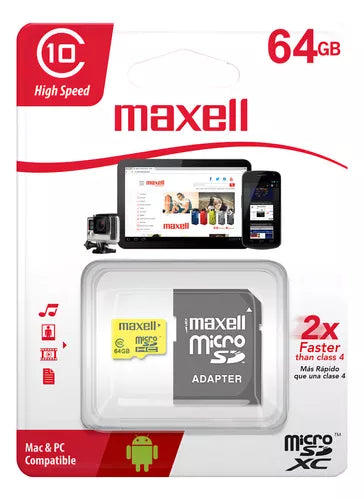 D-Tarjeta de Memoria MicroSD 64GB Maxell SDXC Clase 10 + Adaptador