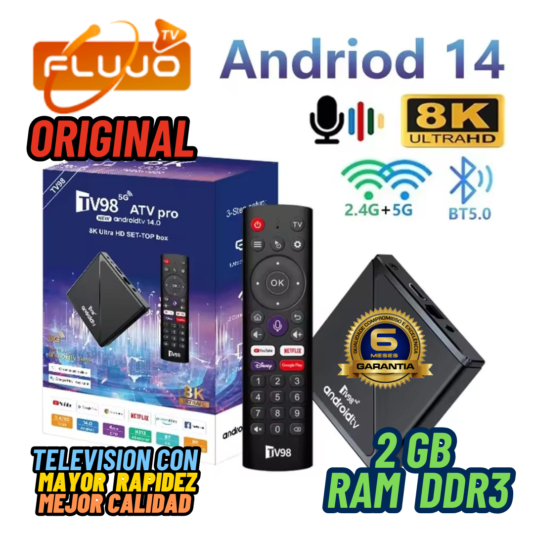 01-Dispositivo de TV inteligente TV98 ATV Pro, Decodificador Android 14 TV Box 8K Allwinner H313 HD 4K Quad Core 5G Wifi dual BT5.0 compatible con control de voz inteligente Control remoto