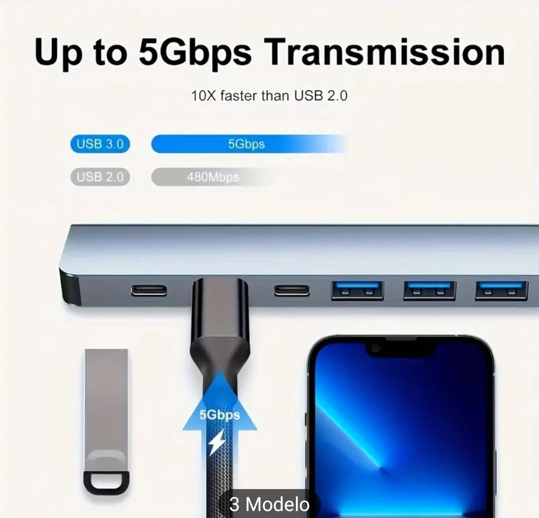 Extensor USB multifuncional, con Base de expansión ocho en dos, para ordenador portátil