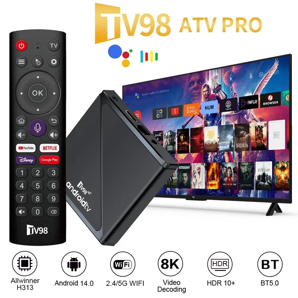 01-Dispositivo de TV inteligente TV98 ATV Pro, Decodificador Android 14 TV Box 8K Allwinner H313 HD 4K Quad Core 5G Wifi dual BT5.0 compatible con control de voz inteligente Control remoto