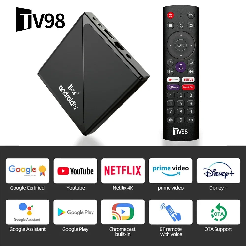 01-Dispositivo de TV inteligente TV98 ATV Pro, Decodificador Android 14 TV Box 8K Allwinner H313 HD 4K Quad Core 5G Wifi dual BT5.0 compatible con control de voz inteligente Control remoto